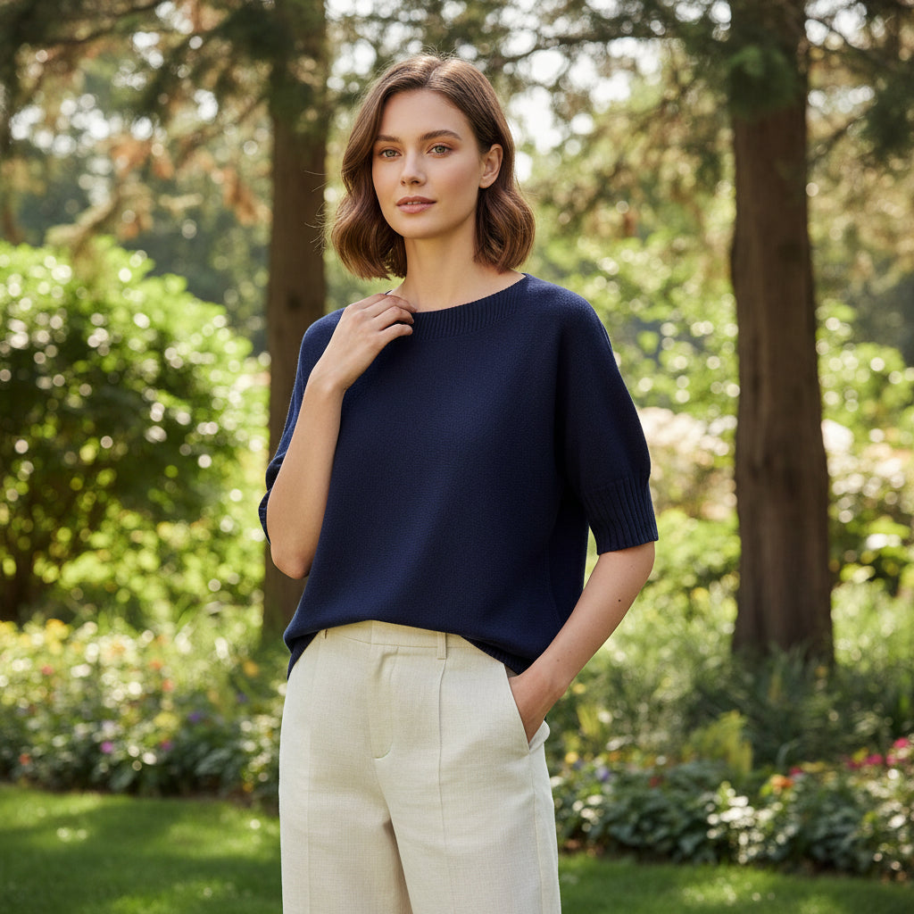 Imogen Rib Design Navy Blue Wool Blend Short Sleeve Jumper -  Sugarplum Boutique