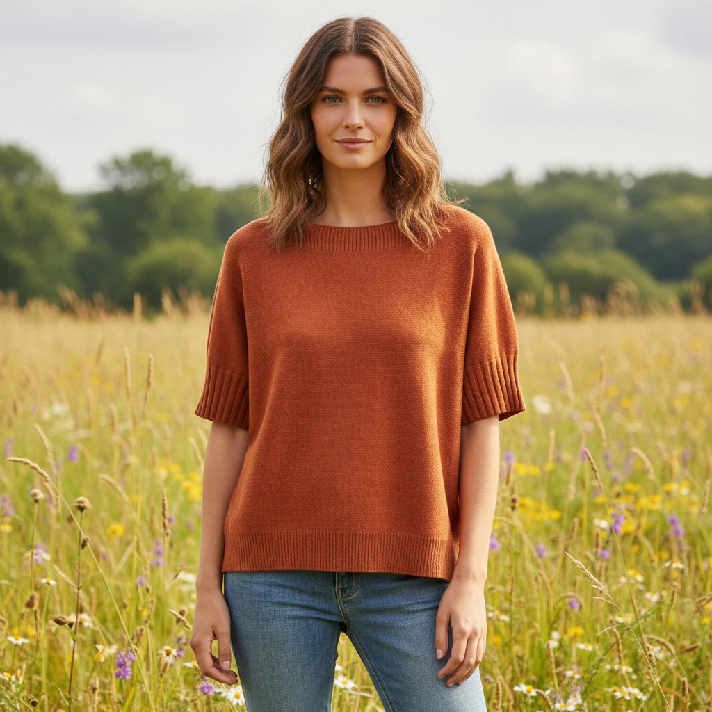 Imogen Rib Design Rust Brown Wool Blend Short Sleeve Jumper - Sugarplum Boutique