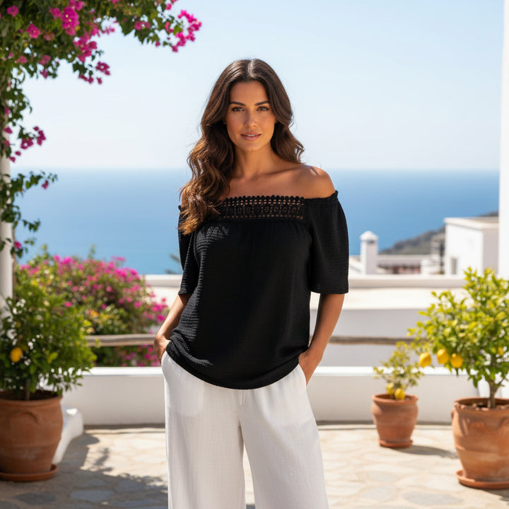 Iona Cotton Waffle Black Crochet Bardot Top - Sugarplum Boutique