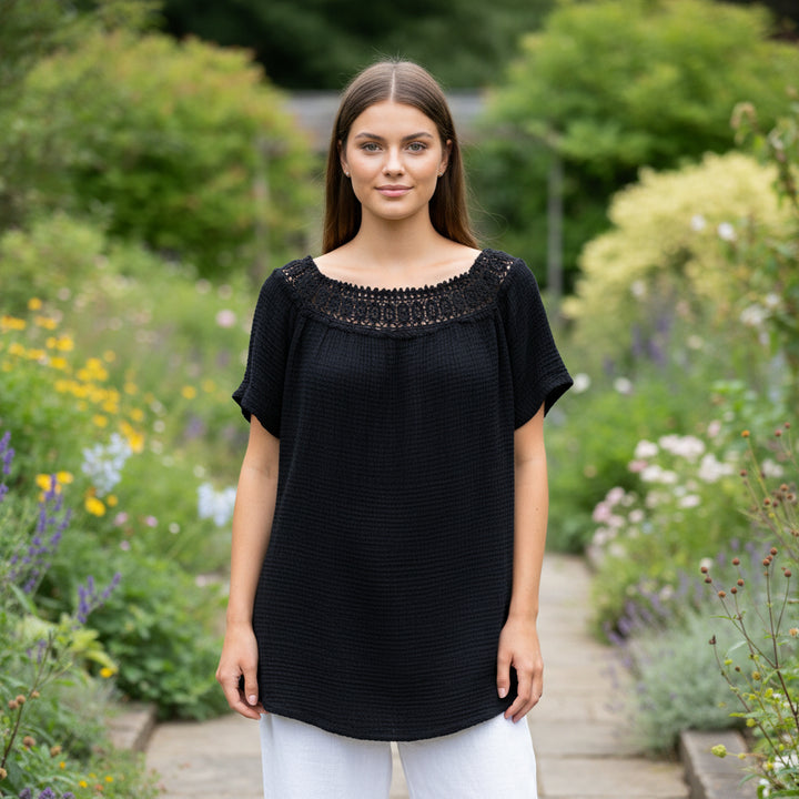 Iona Cotton Waffle Black Crochet Bardot Top - Sugarplum Boutique