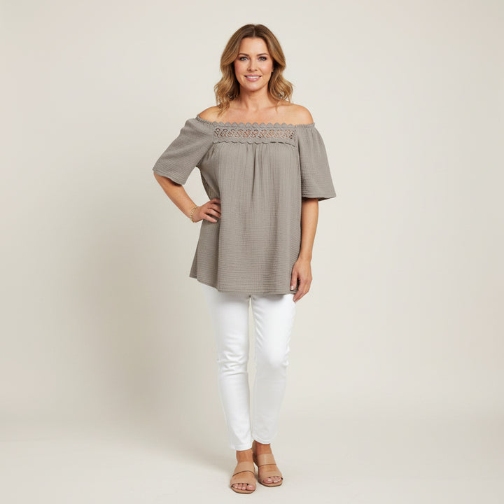 Iona Cotton Waffle Mocha Brown Crochet Bardot Top - Sugarplum Boutique