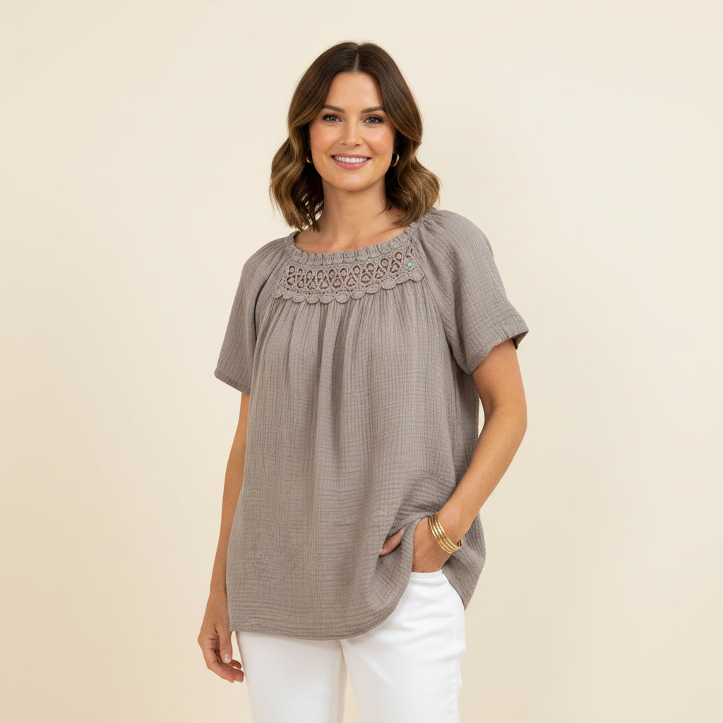 Iona Cotton Waffle Mocha Brown Crochet Bardot Top - Sugarplum Boutique