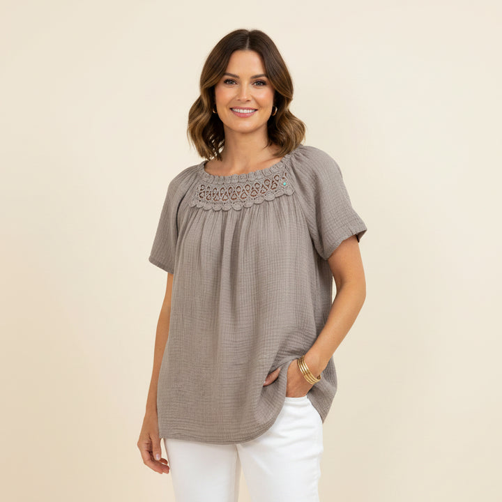 Iona Cotton Waffle Mocha Brown Crochet Bardot Top - Sugarplum Boutique
