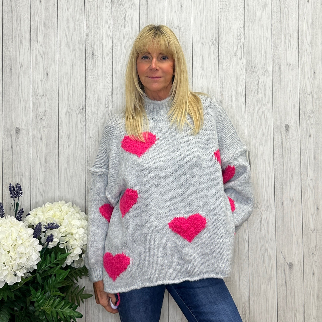 Isla Light Grey Chunky Knit Heart Wool Mix Jumper - Sugarplum Boutique