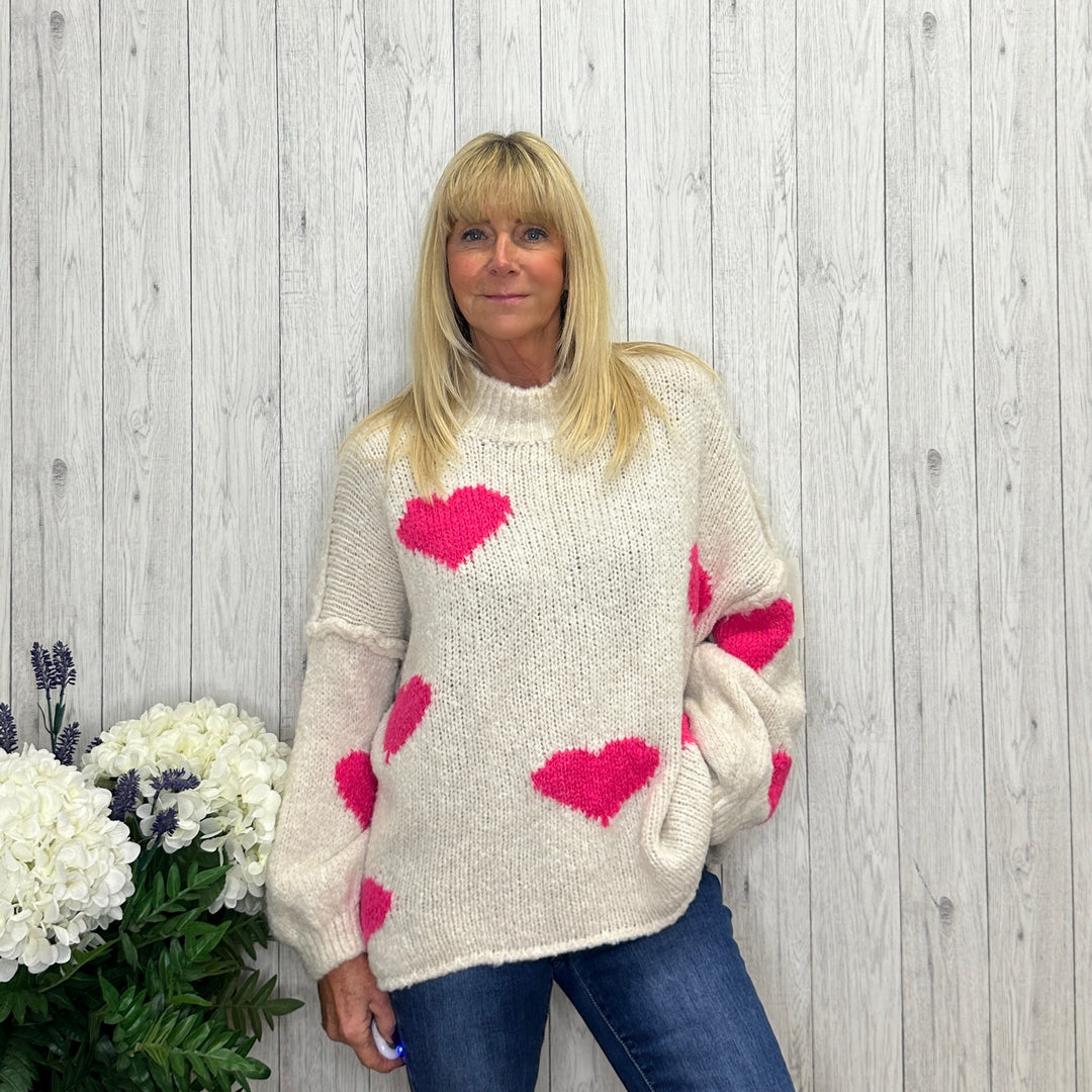 Isla Stone Chunky Knit Heart Wool Mix Jumper - Sugarplum Boutique