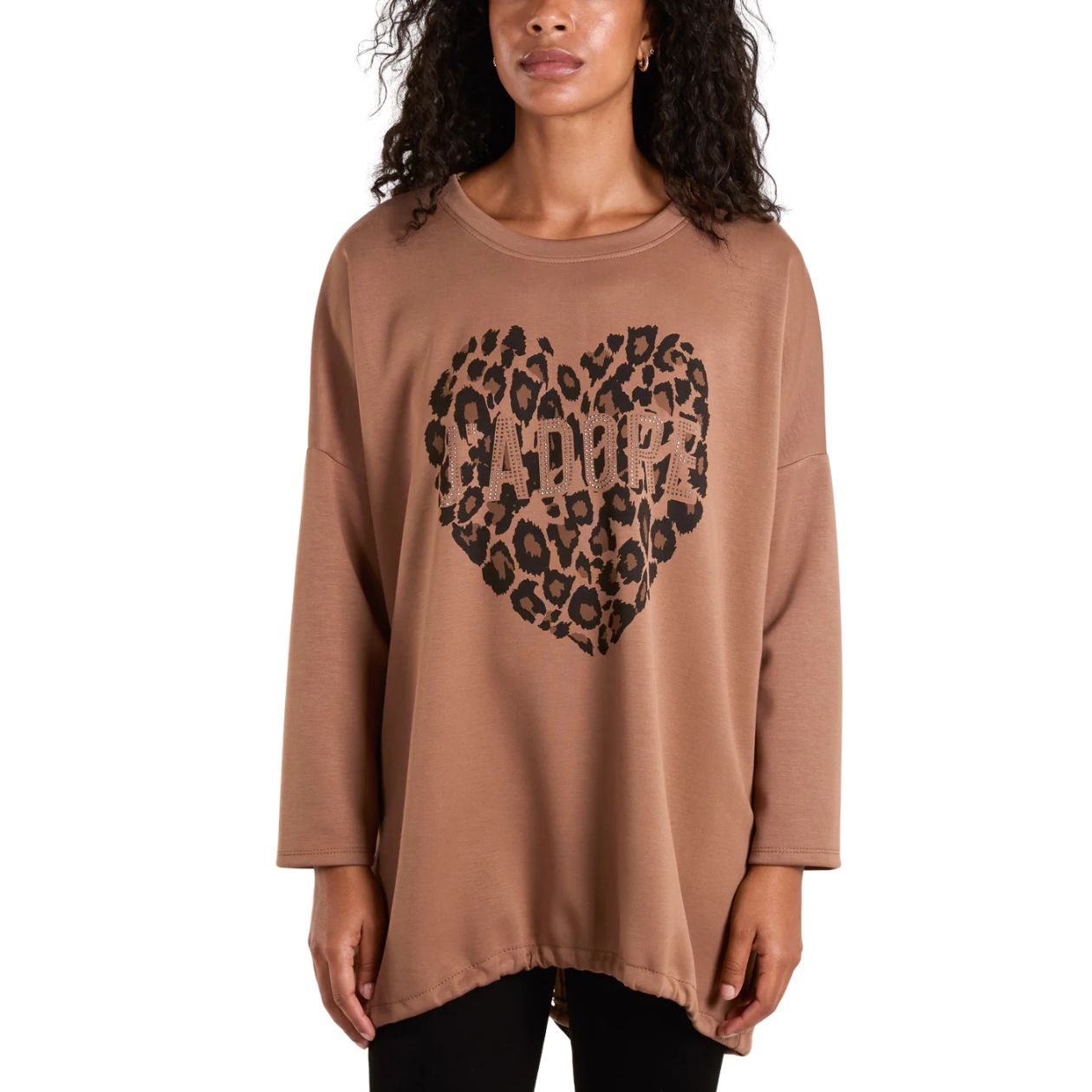 J Adore Motif Animal Print Heart Sweatshirt Oversize Mocha Brown Sugarplum Boutique Home