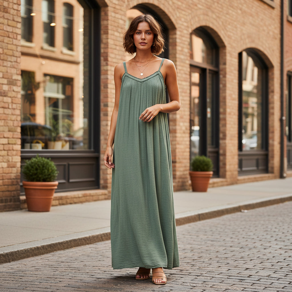 Jackie Cotton Lined V Neck Khaki Green Dress - Sugarplum Boutique