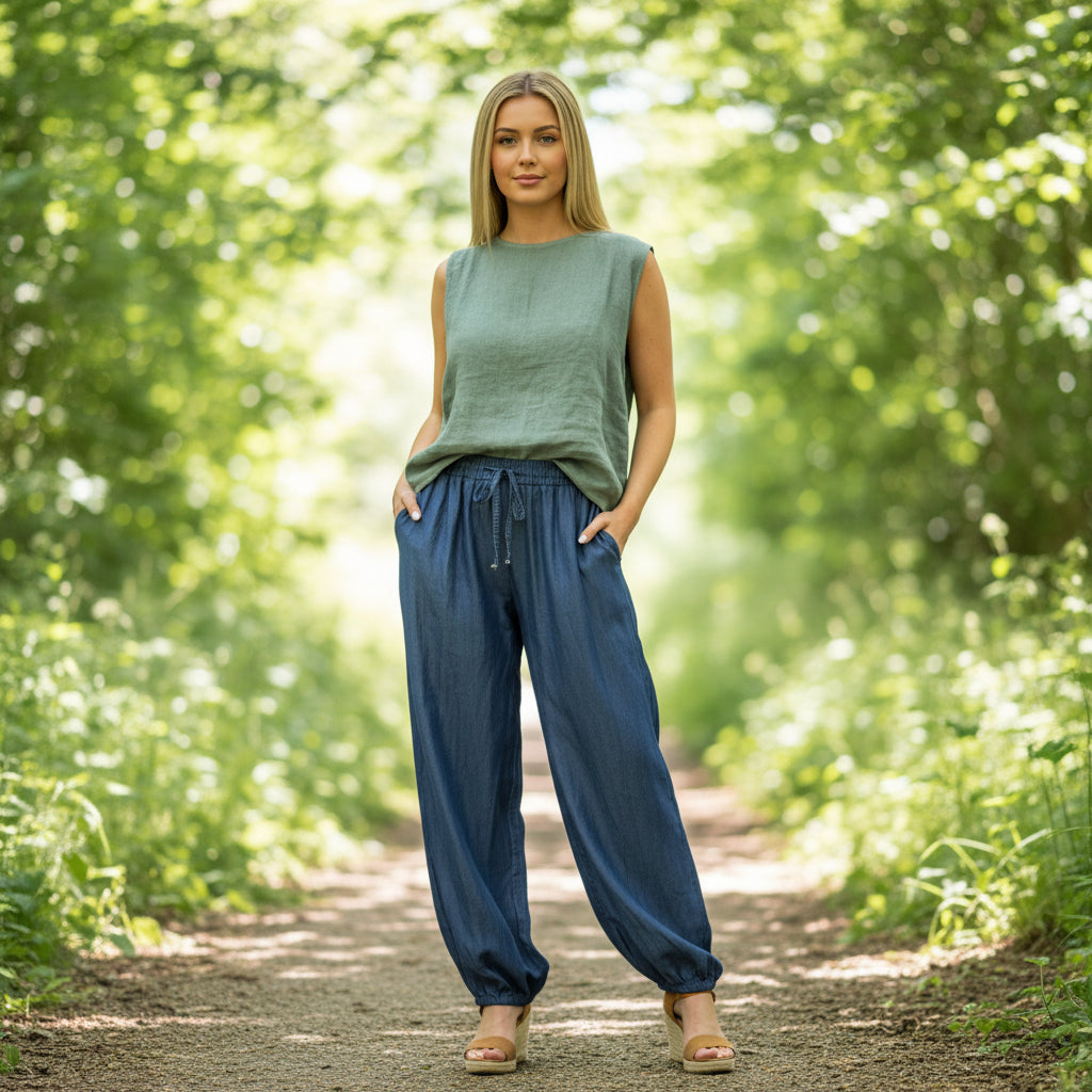 Jackie Relaxed Fit Dark Denim Harem Trousers - Sugarplum Boutique