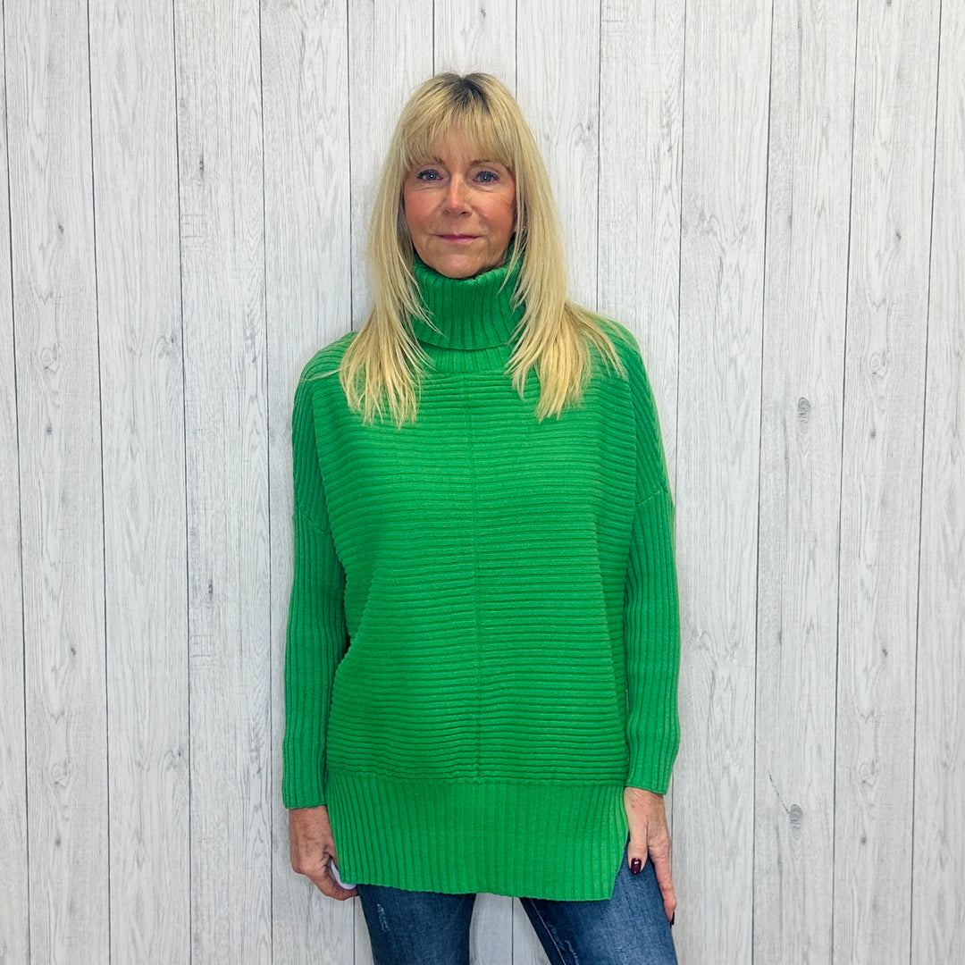 Jada Emerald Green Knitted Rib Roll Neck Jumper - Sugarplum Boutique