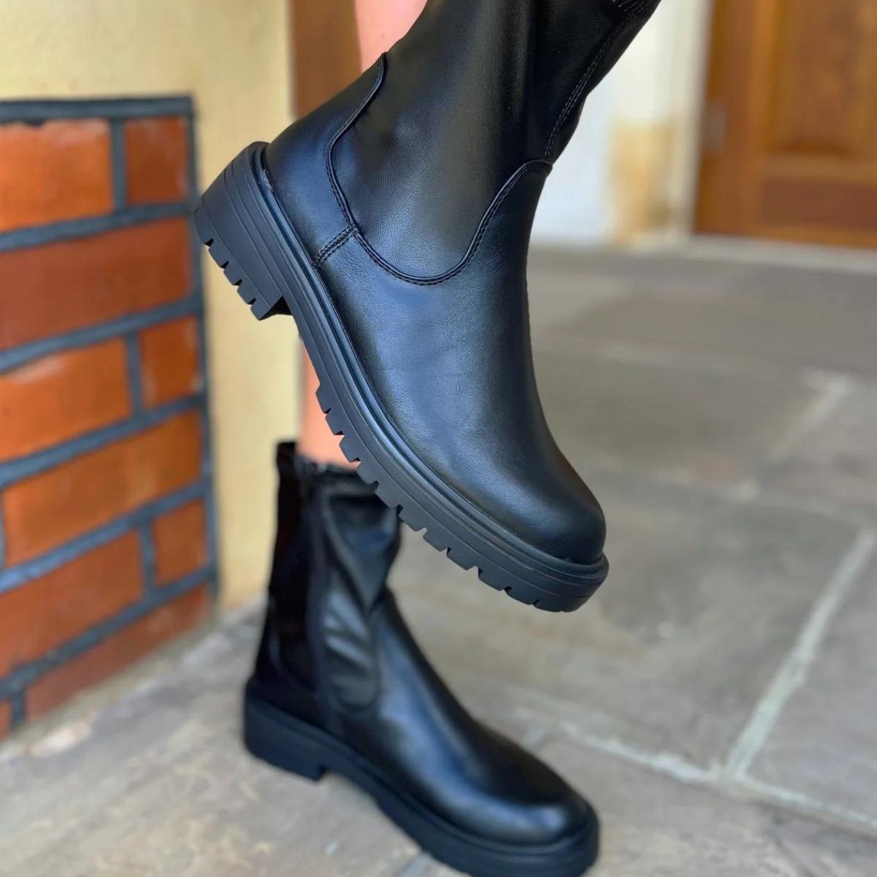 Jade Short Biker Boot Faux Leather Black