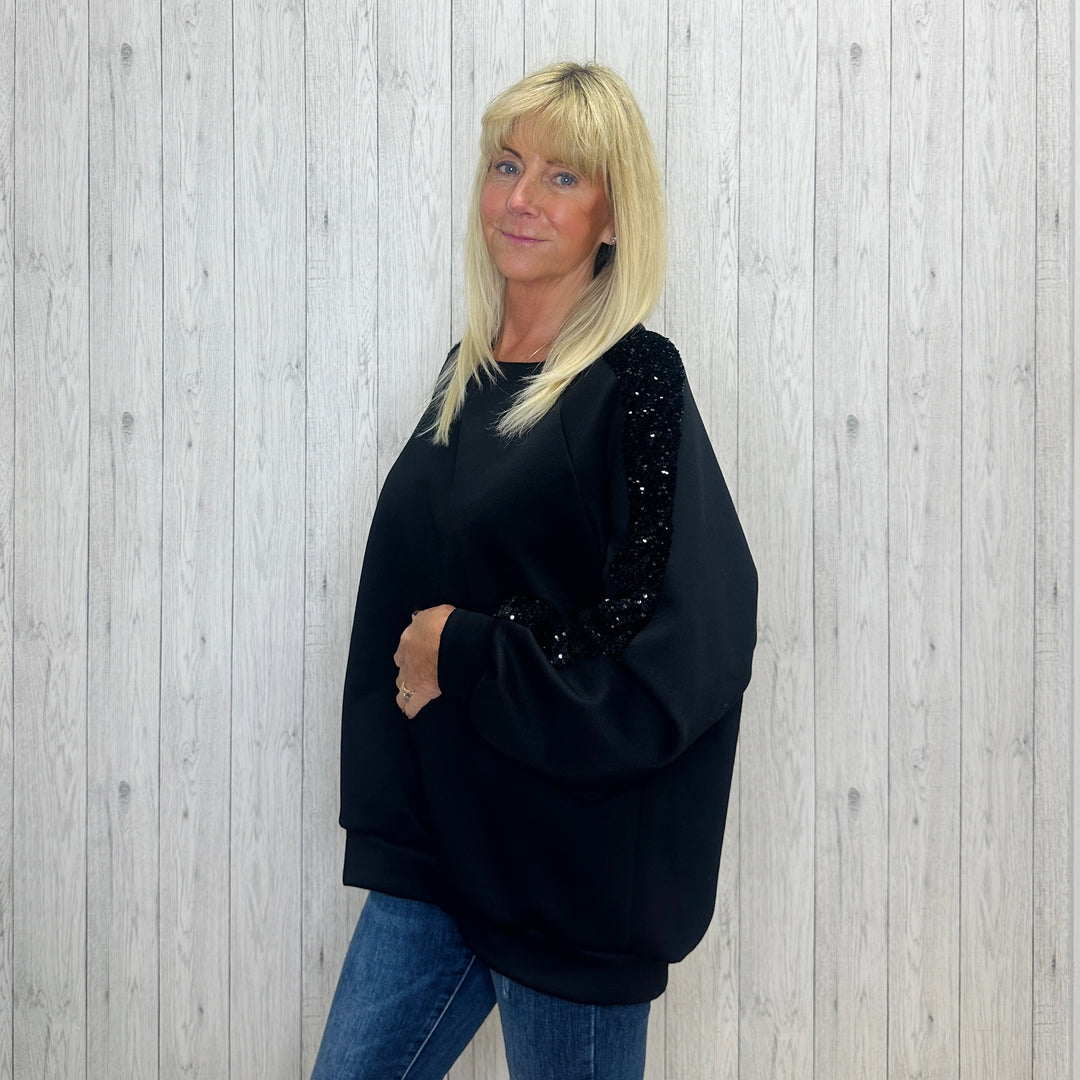 Jazzy Black Sequin Arm Sweatshirt - Sugarplum Boutique