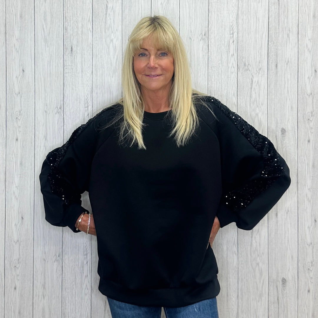 Jazzy Black Sequin Arm Sweatshirt - Sugarplum Boutique
