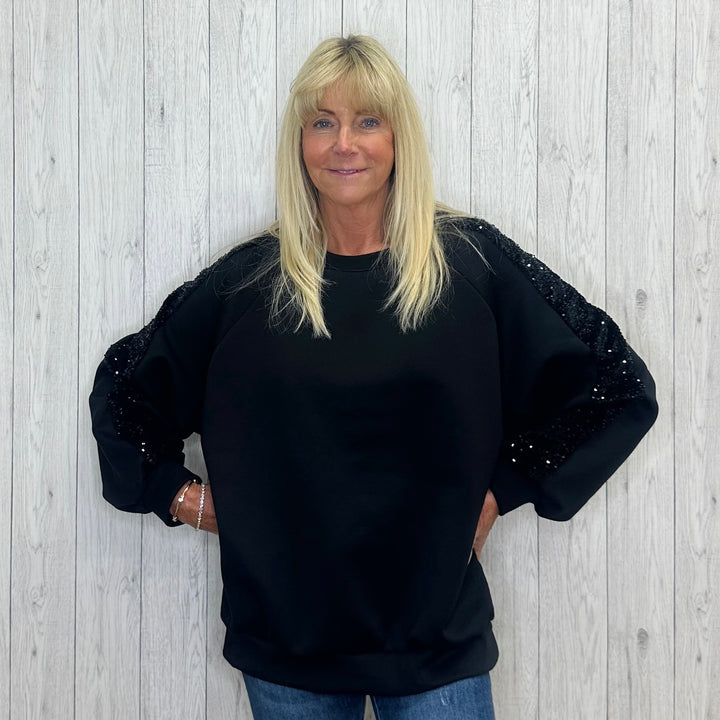 Jazzy Black Sequin Arm Sweatshirt - Sugarplum Boutique