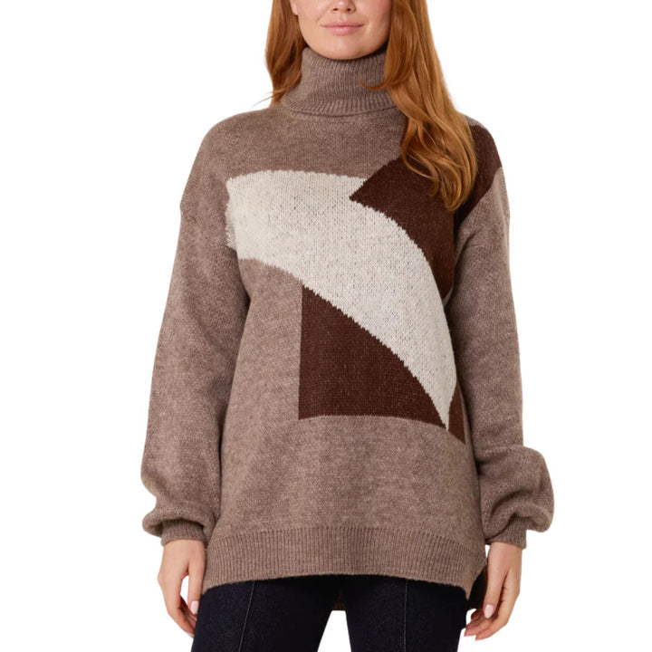 Jeanie Mocha Brown Geometric Pattern Roll Neck Jumper - Sugarplum Boutique