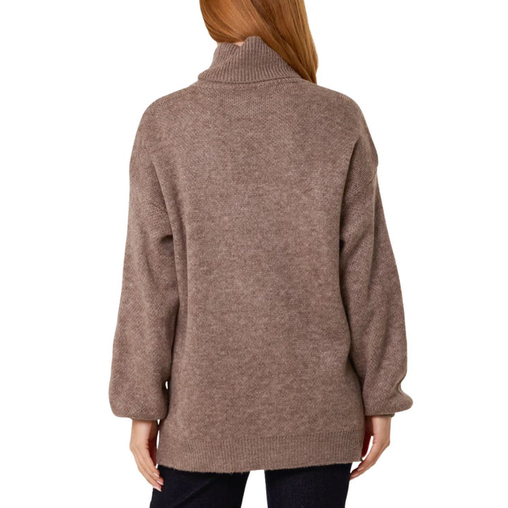 Jeanie Mocha Brown Geometric Pattern Roll Neck Jumper - Sugarplum Boutique