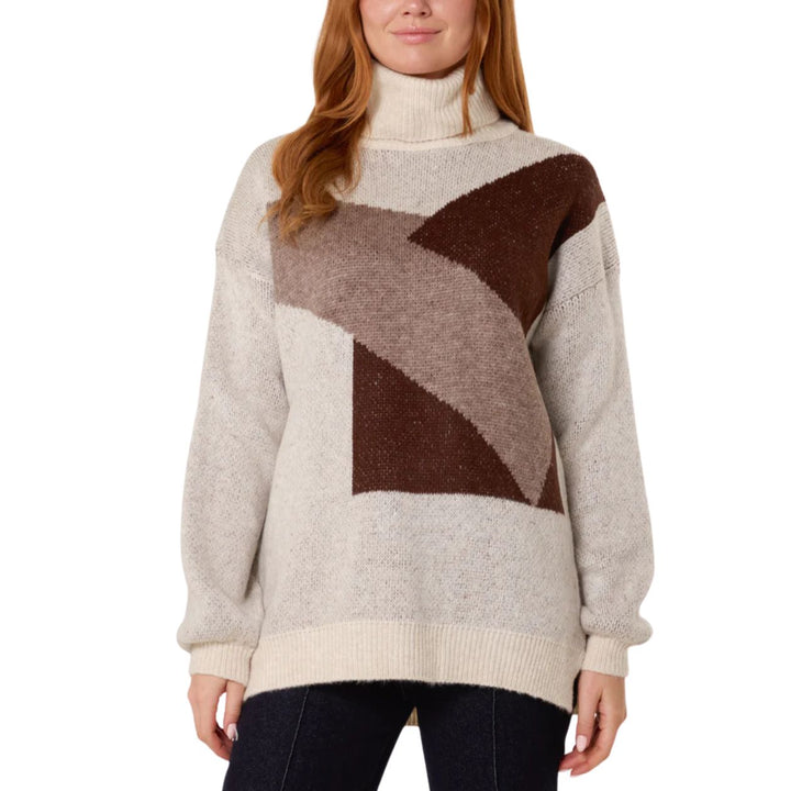 Jeanie Stone Geometric Pattern Roll Neck Jumper - Sugarplum Boutique