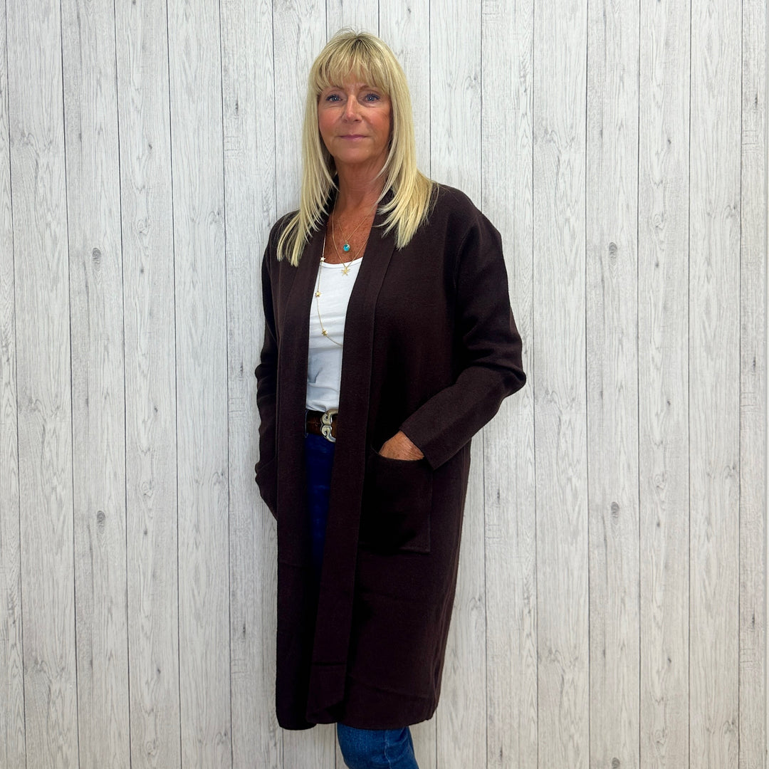 Jenna Edge to Edge Classic Cardigan Chocolate Brown - Sugarplum Boutique