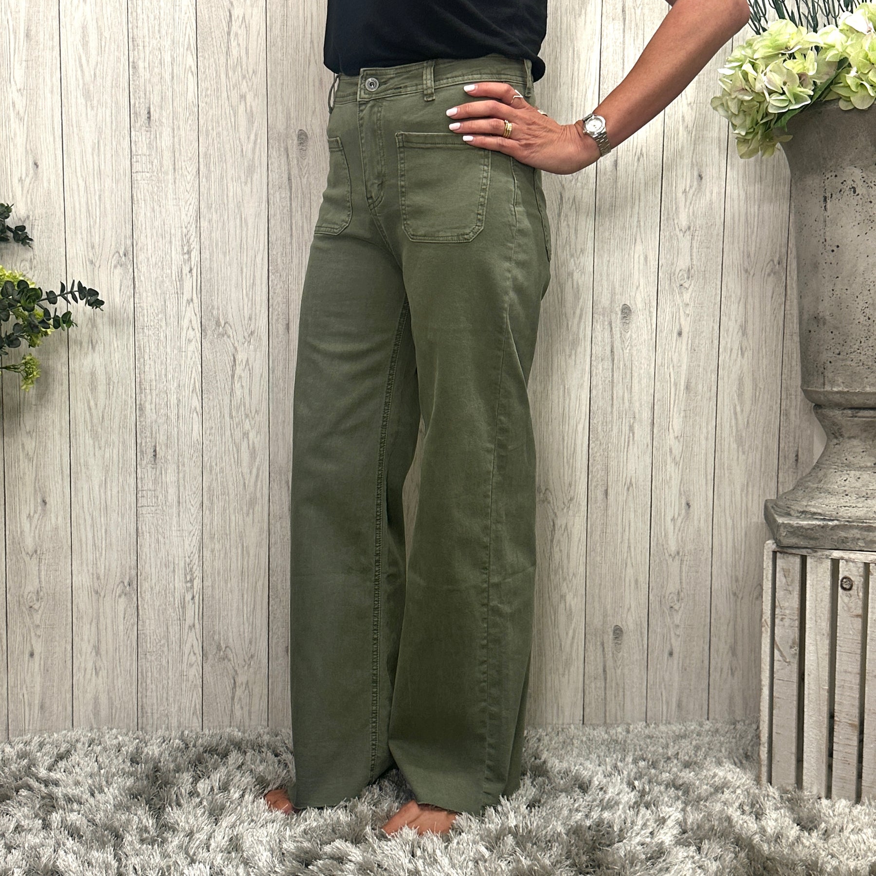Khaki wide leg jeans sales