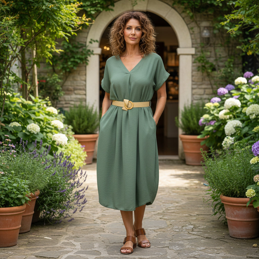 Josephine Belted Khaki Green V Neck Midi Dress - Sugarplum Boutique