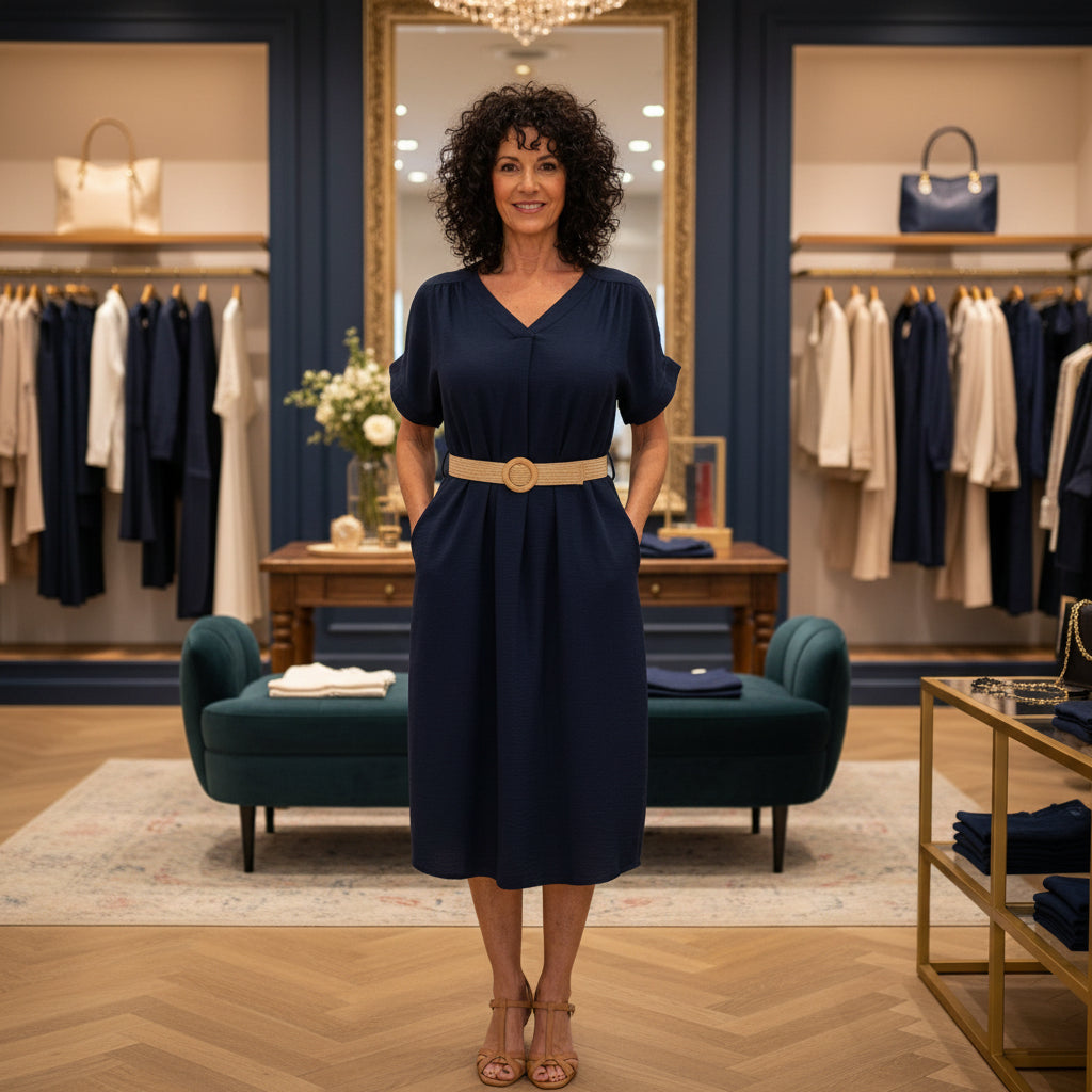 Josephine Belted Navy Blue V Neck Midi Dress - Sugarplum Boutique