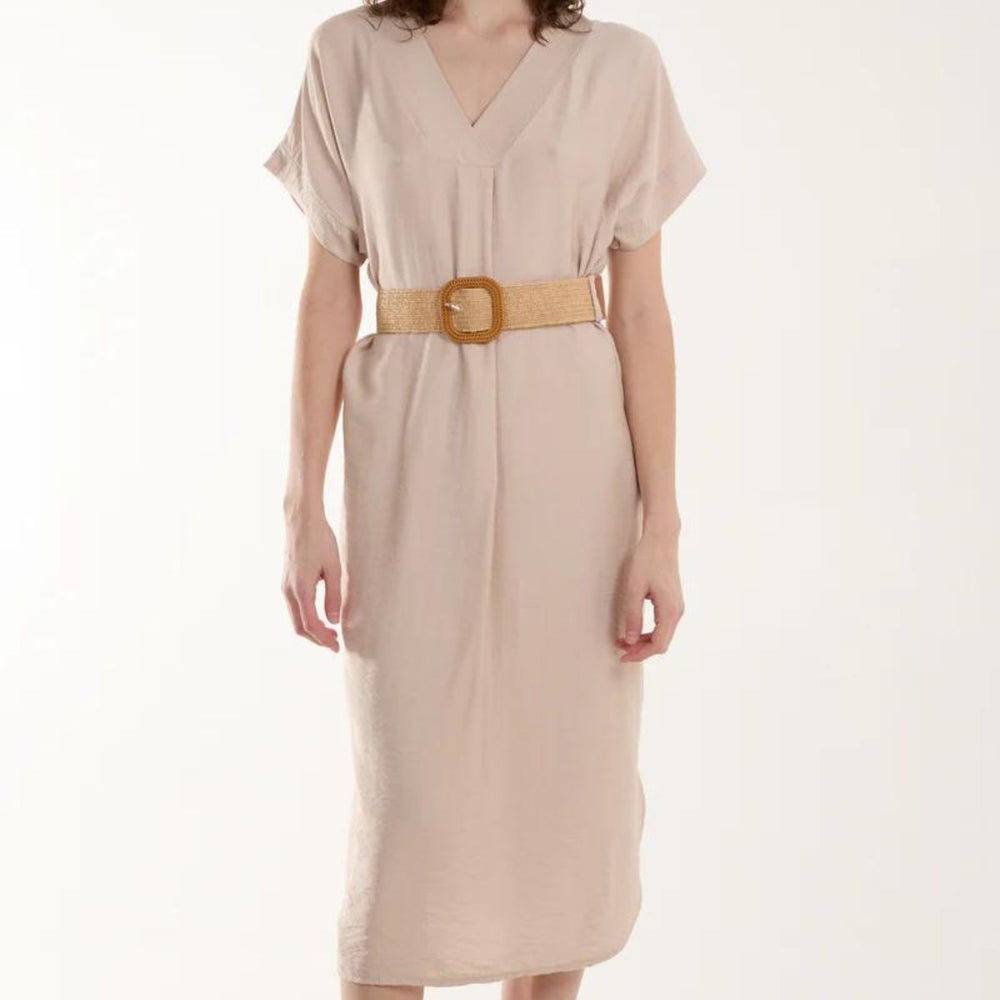 Josephine Belted Stone V Neck Midi Dress - Sugarplum Boutique