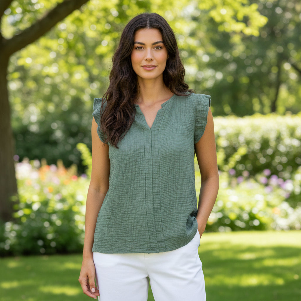 Josephine Cotton Crochet Khaki Green Sleeveless Top - Sugarplum Boutique