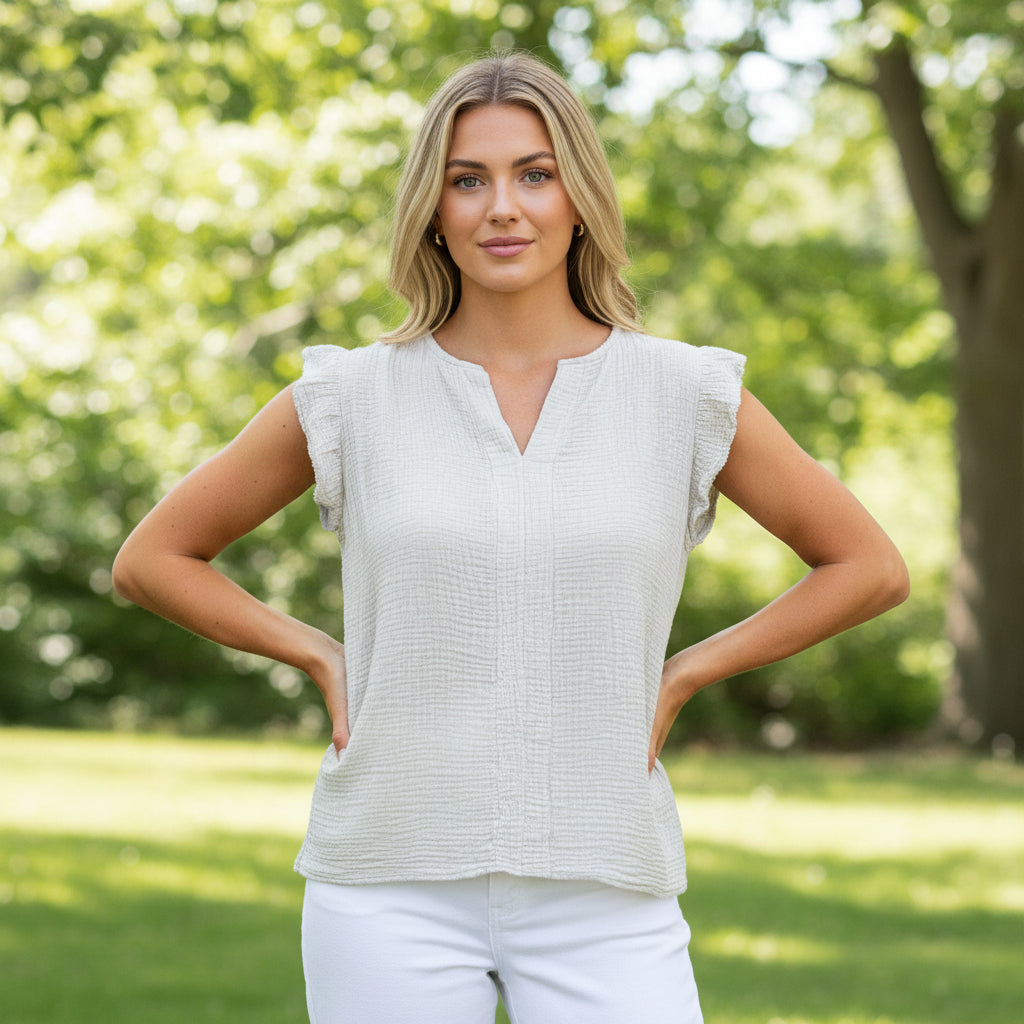 Josephine Cotton Crochet Stone Sleeveless Top - Sugarplum Boutique