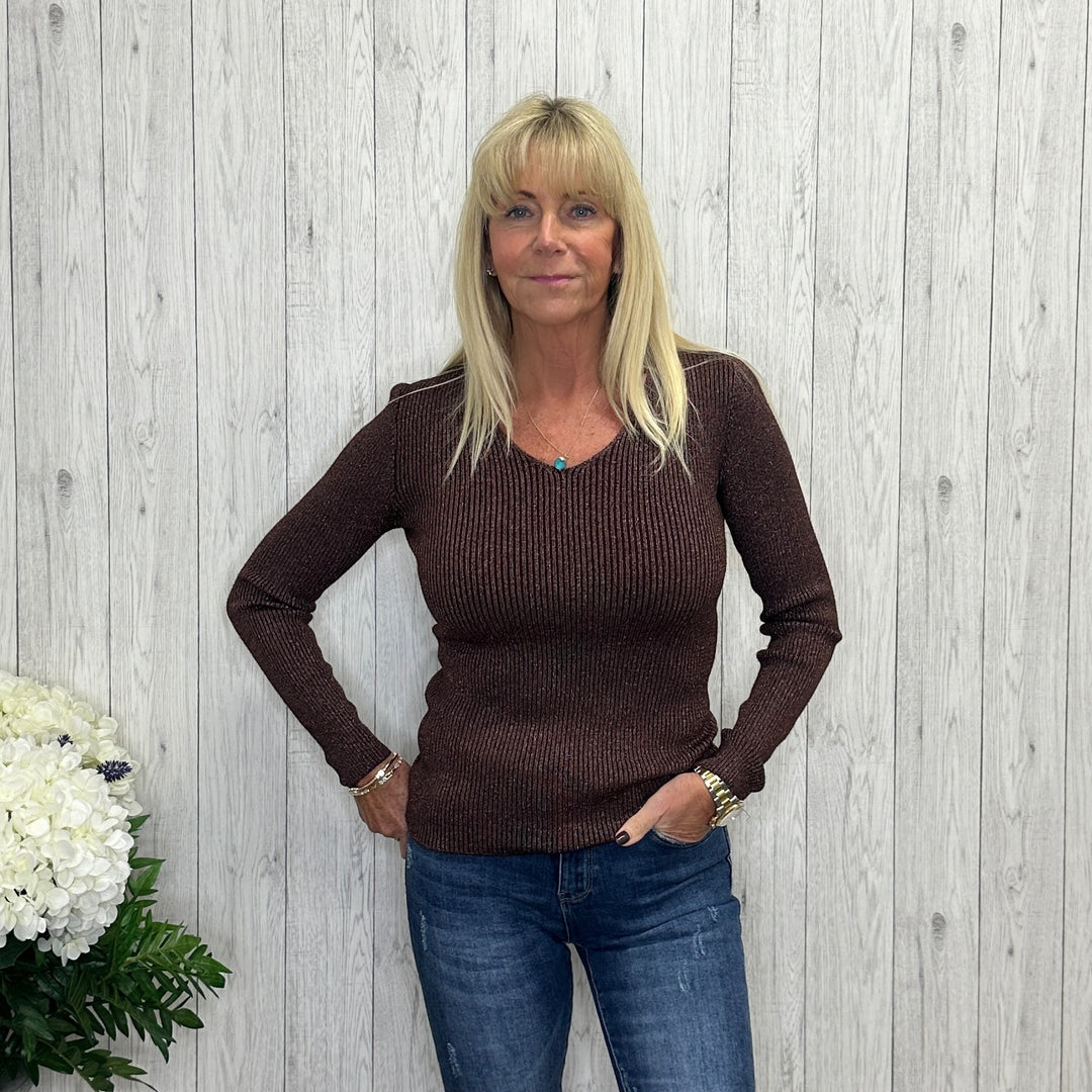 Josie Chocolate Brown Petite Fit Sparkle Jumper - Sugarplum Boutique