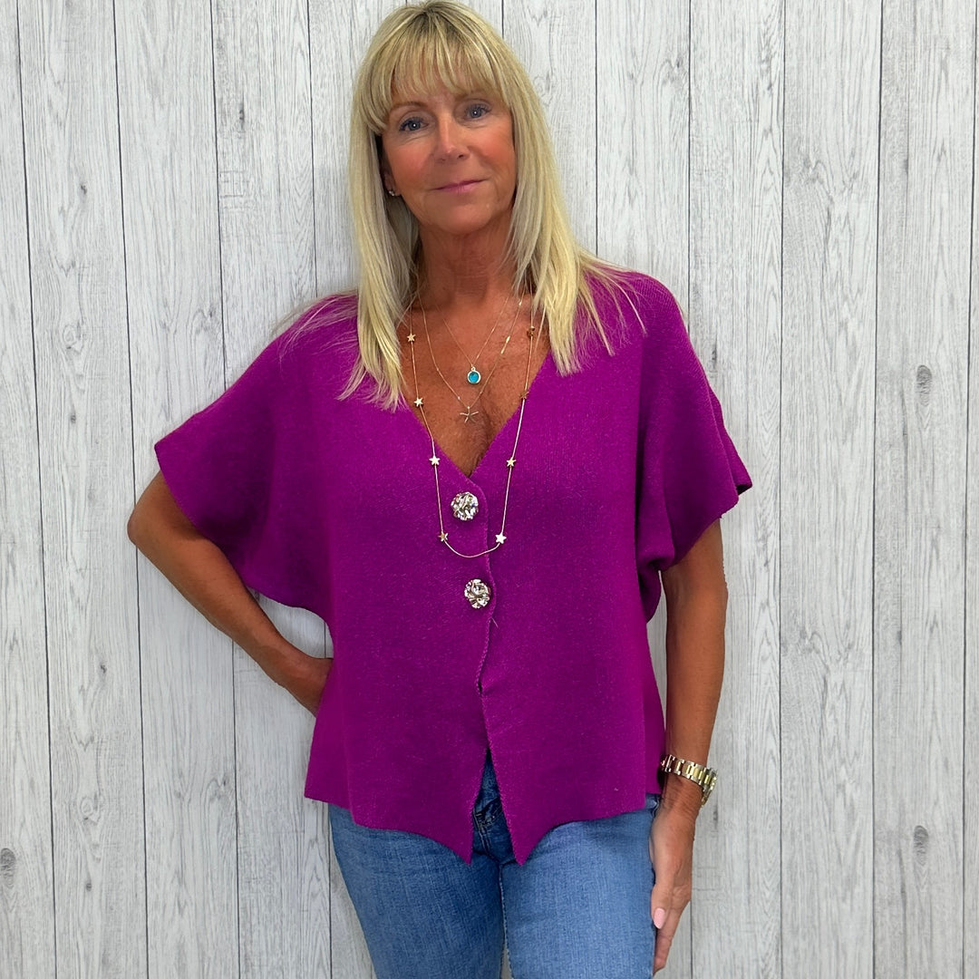 Judith Gold Button Short Sleeve Cardigan Magenta Purple - Sugarplum Boutique