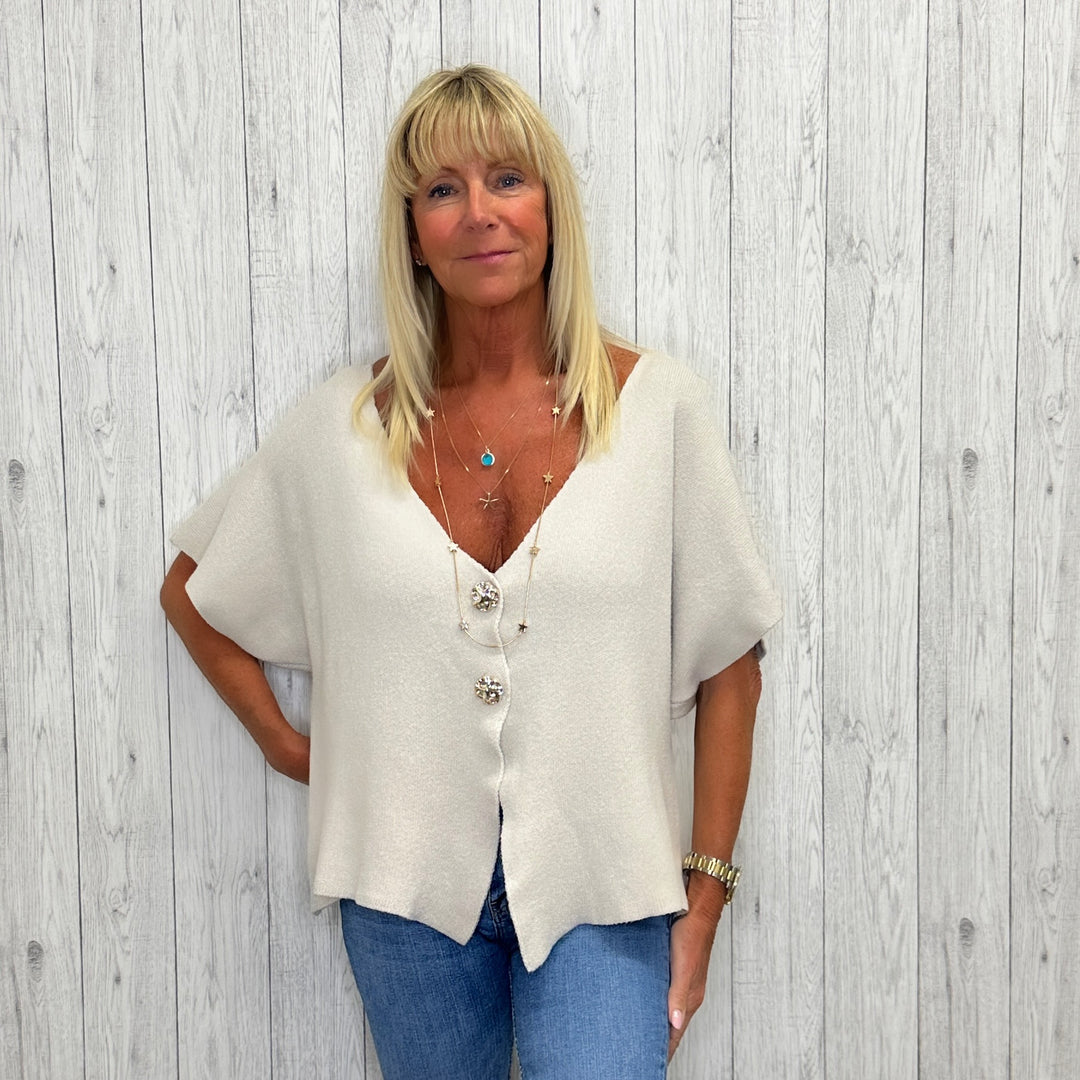 Judith Gold Button Short Sleeve Cardigan Stone - Sugarplum Boutique