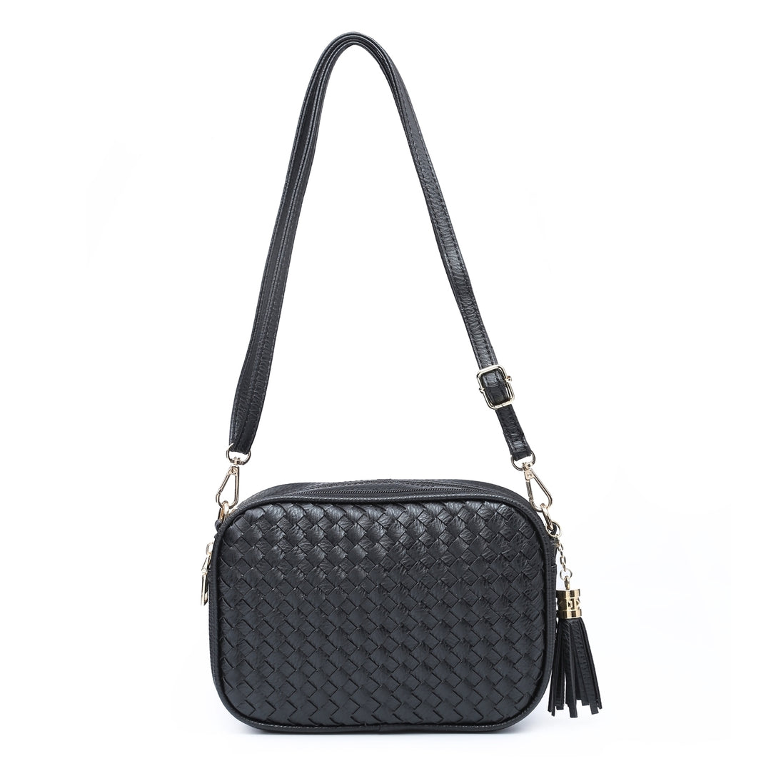 Julia Black Faux Leather Cross Body Weave Bag - Sugarplum Boutique
