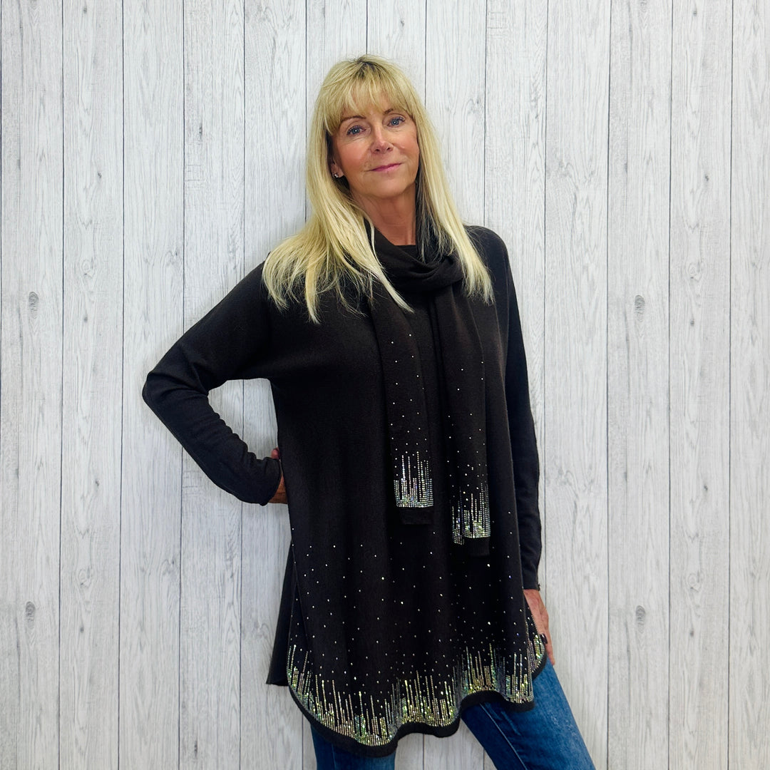 Juliana Chocolate Brown Diamante Scarf Jumper Set - Sugarplum Boutique