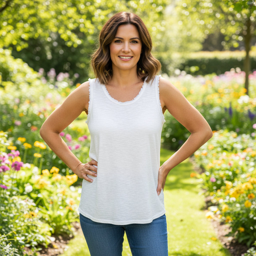Julie Cotton Frayed Design White Vest Top -  Sugarplum Boutique
