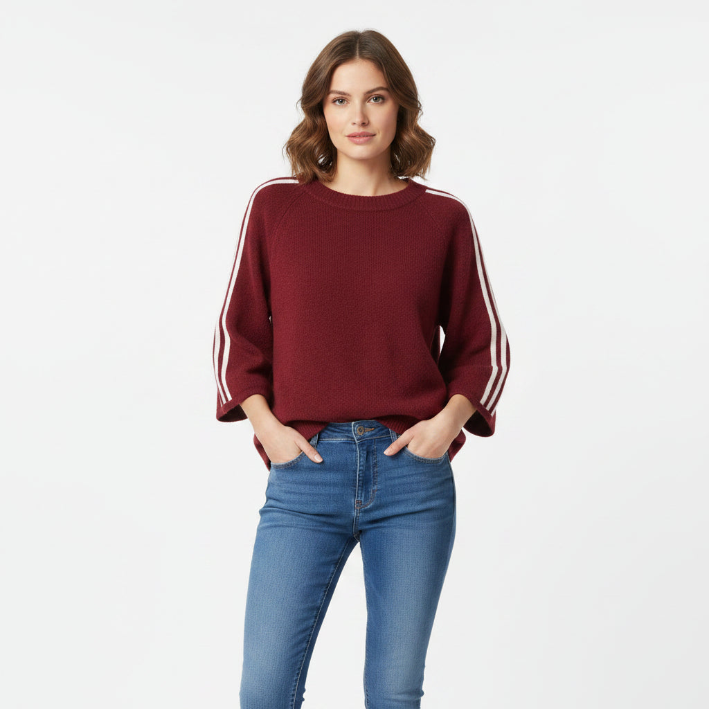 Karla Striped Arm Burgundy Wool Blend 3/4 Sleeve Jumper - Sugarplum Boutique