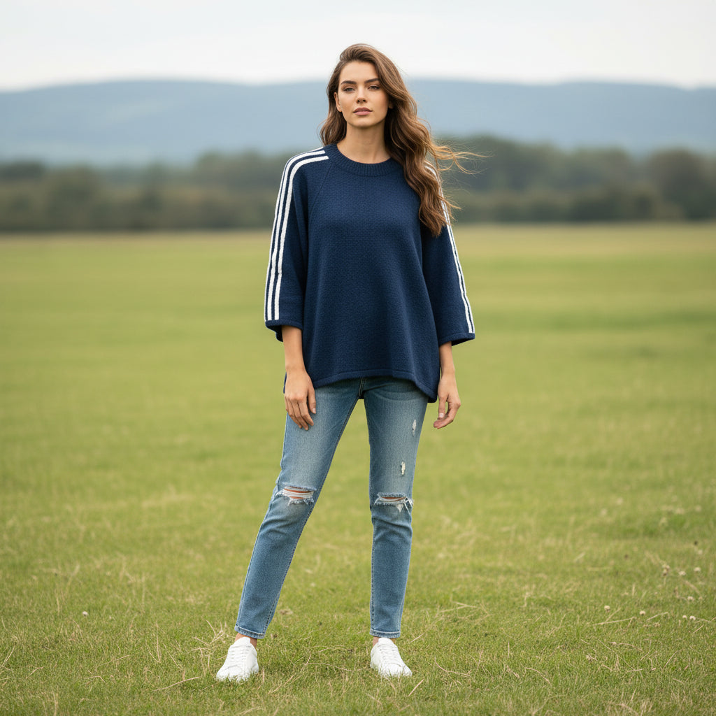 Karla Striped Arm Navy Blue Wool Blend 3/4 Sleeve Jumper - Sugarplum Boutique