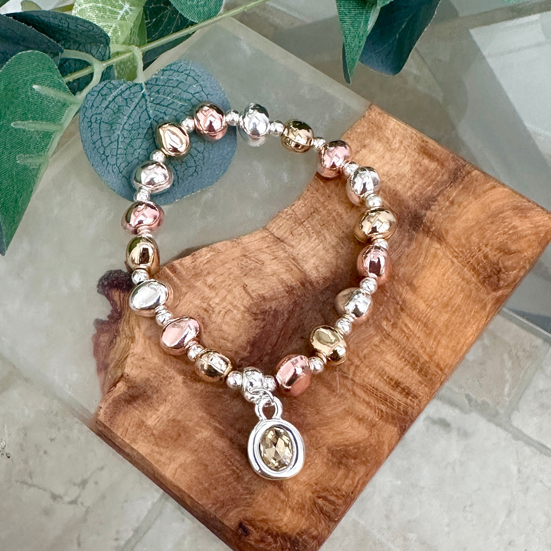 Kathy Gold, Rose Gold &amp; Silver Elasticated Beaded Bracelet - Sugarplum Boutique