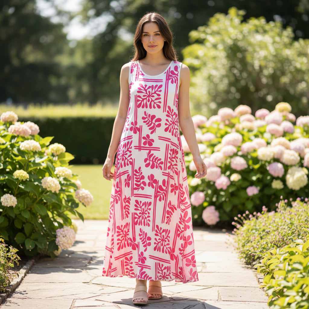 Kelly Abstract Print Cerise Pink Sleeveless Maxi Dress - Sugarplum Boutique