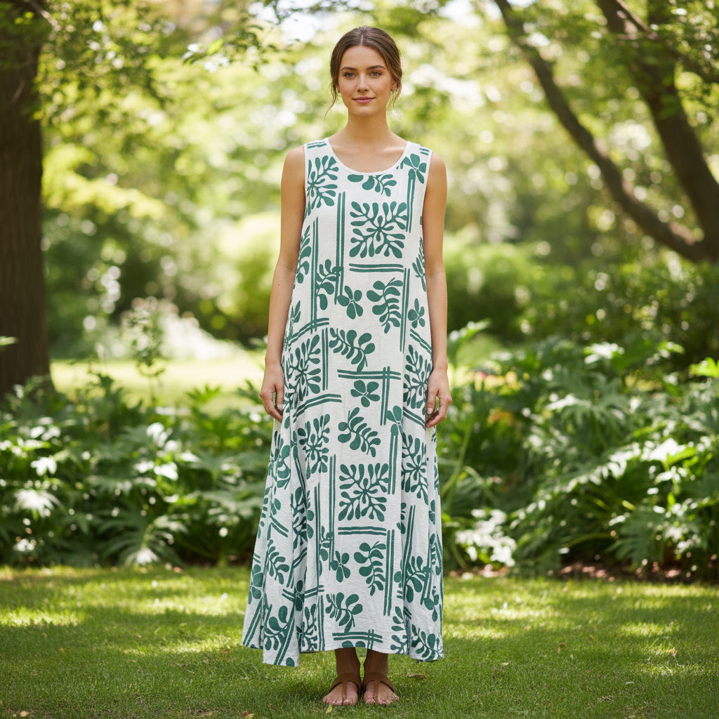 Kelly Abstract Print Green Sleeveless Maxi Dress