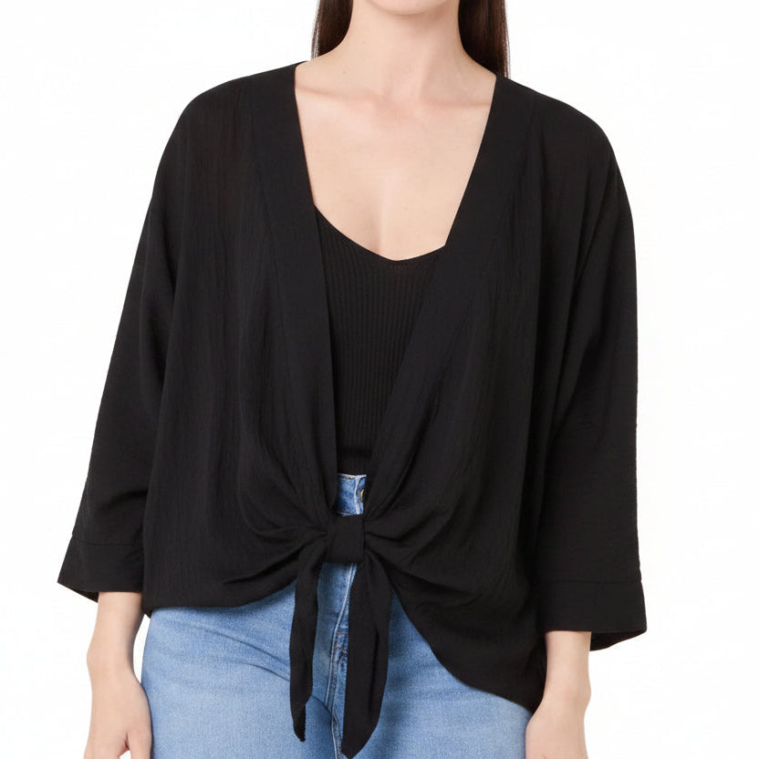 Kelly Kimono Style Black Tie Front Cardigan - Sugarplum Boutique