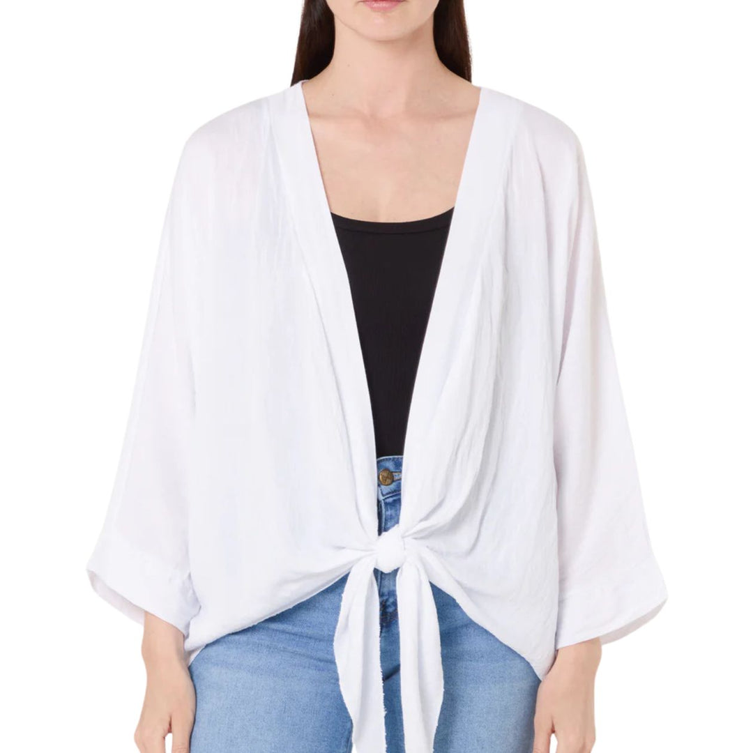 Kelly Kimono Style White Tie Front Cardigan - Sugarplum Boutique