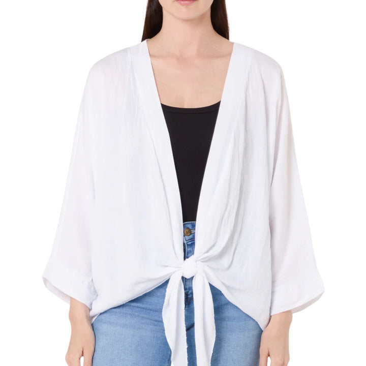 Kelly Kimono Style White Tie Front Cardigan - Sugarplum Boutique