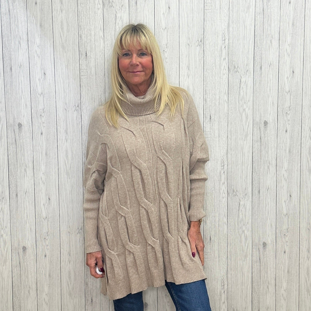 Kerry Oversize Cable Knit Roll Neck Jumper Mocha Brown - Sugarplum Boutique