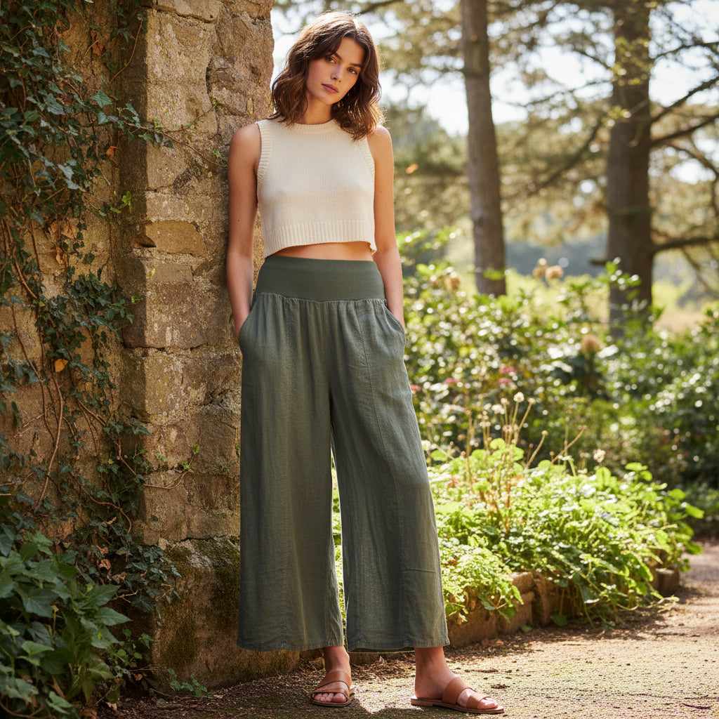 Kettering Linen Cotton Blend Khaki Green Wide Leg Trousers - Sugarplum Boutique