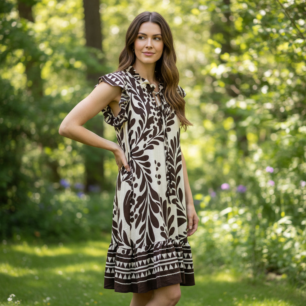 Kezza Abstract Print Chocolate Brown Midi Dress - Sugarplum Boutique