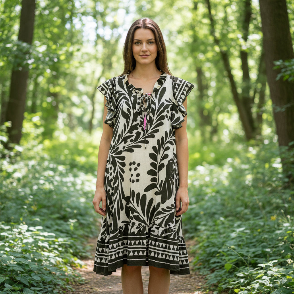 Kezza Abstract Print Khaki Green Midi Dress - Sugarplum Boutique
