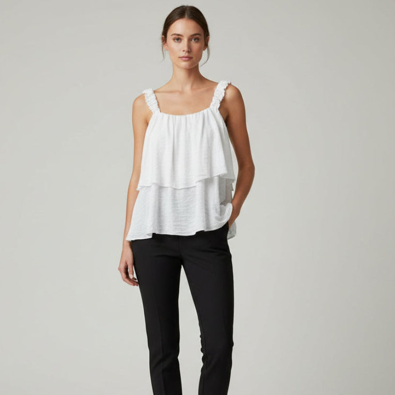 Kira Frill Layer White Sleeveless Top - Sugarplum Boutique