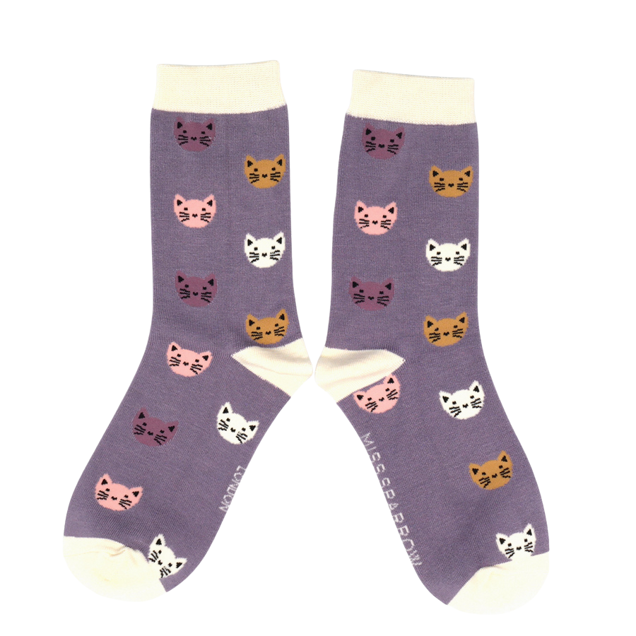 Kitty Faces Ladies Bamboo Socks Lilac - Sugarplum Boutique