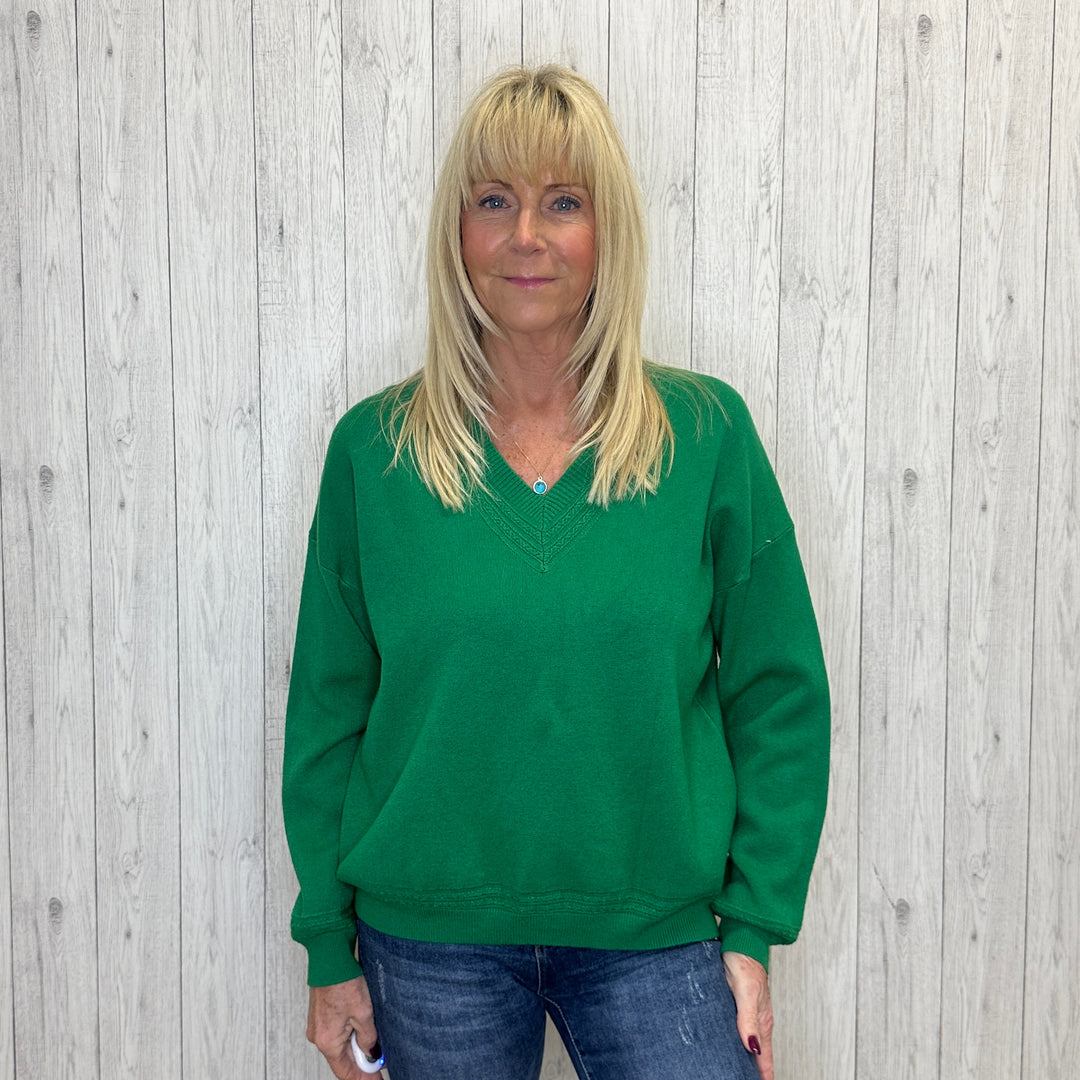 Kiwi Emerald Green V Neck Soft Touch Jumper -Sugarplum Boutique