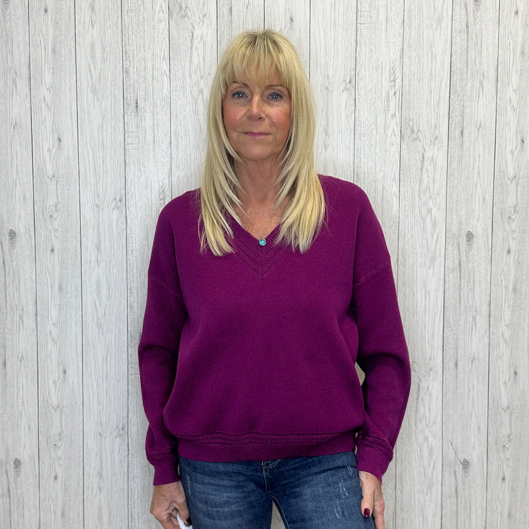 Kiwi Magenta Purple V Neck Soft Touch Jumper - Sugarplum Boutique