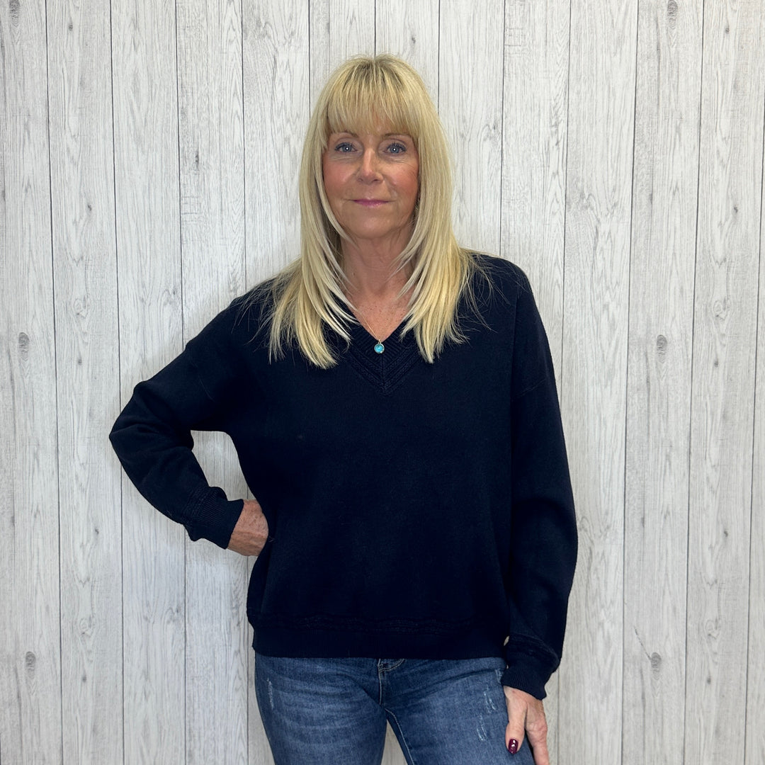 Kiwi Navy Blue V Neck Soft Touch Jumper - Sugarplum Boutique